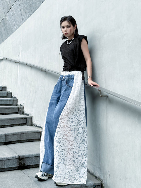 Lace Contrast Wide Denim Pants